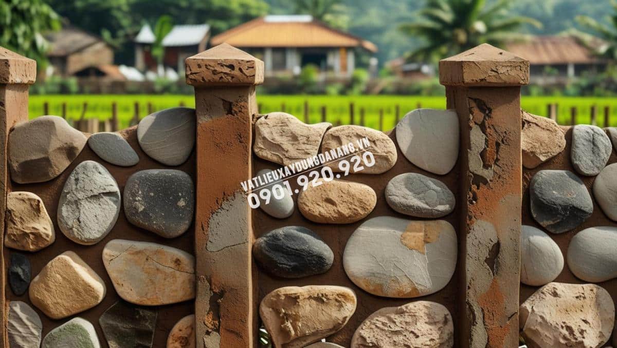 Tường hàng rào ốp đá cuội